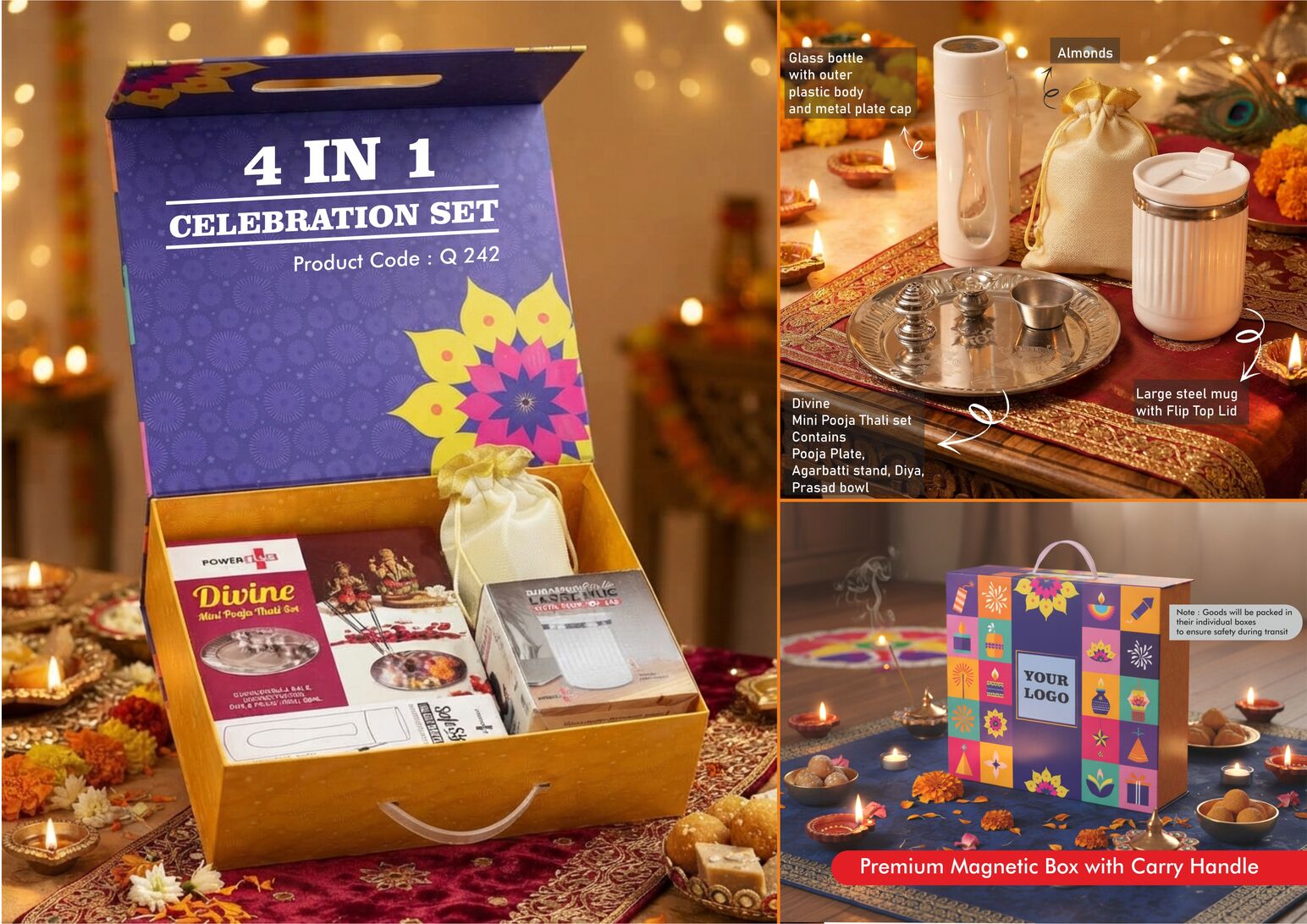 Celebrations Set of 4: Divine mini pooja thali set, glass bottle with metal plate, large stainless-steel mug and almonds in magnetic gift box
