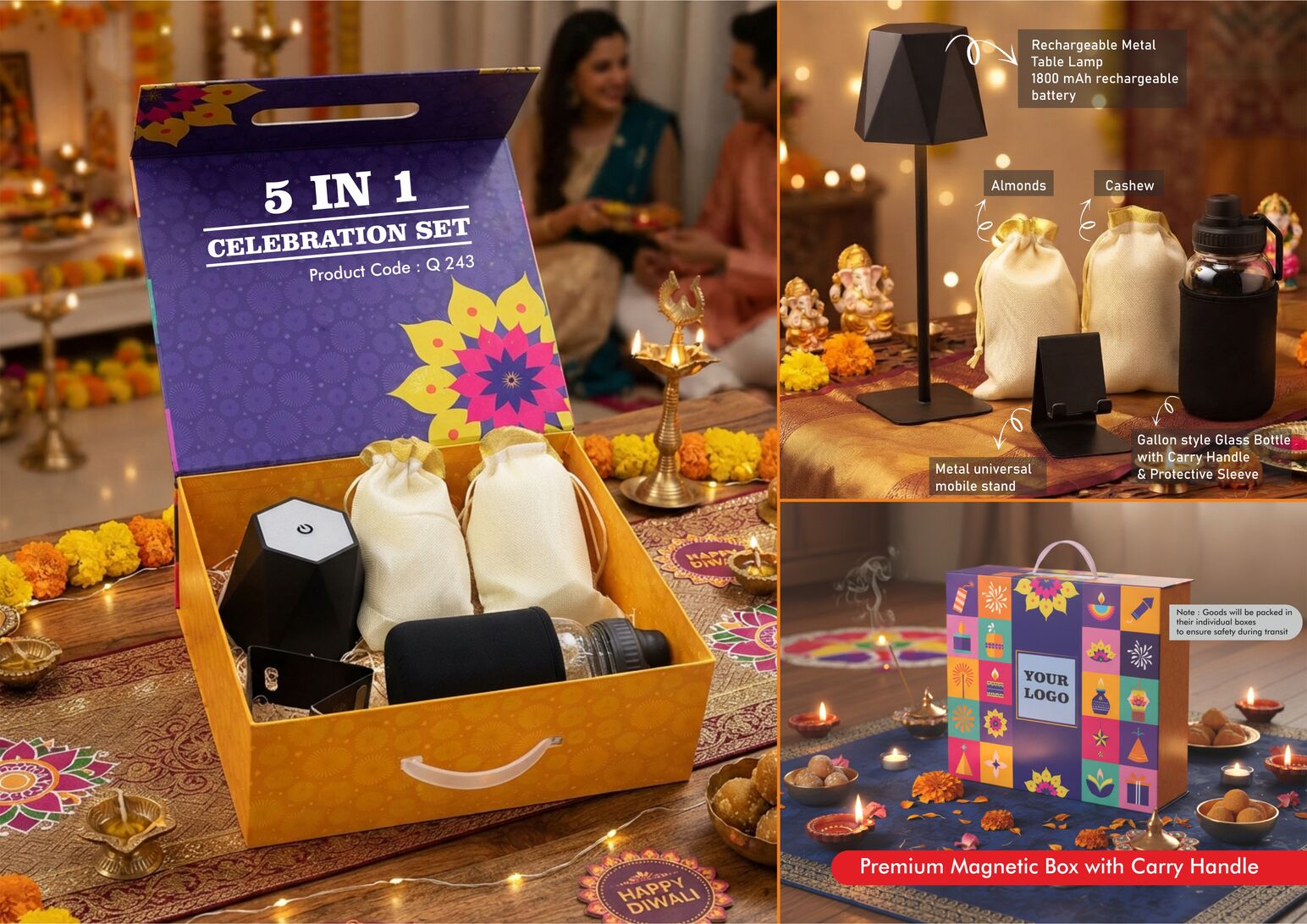 Celebrations Set of 5: DuneLume rechargeable lamp, gallon-style glass bottle with sleeve, metal mobile stand, almonds and cashews in magnetic gift box