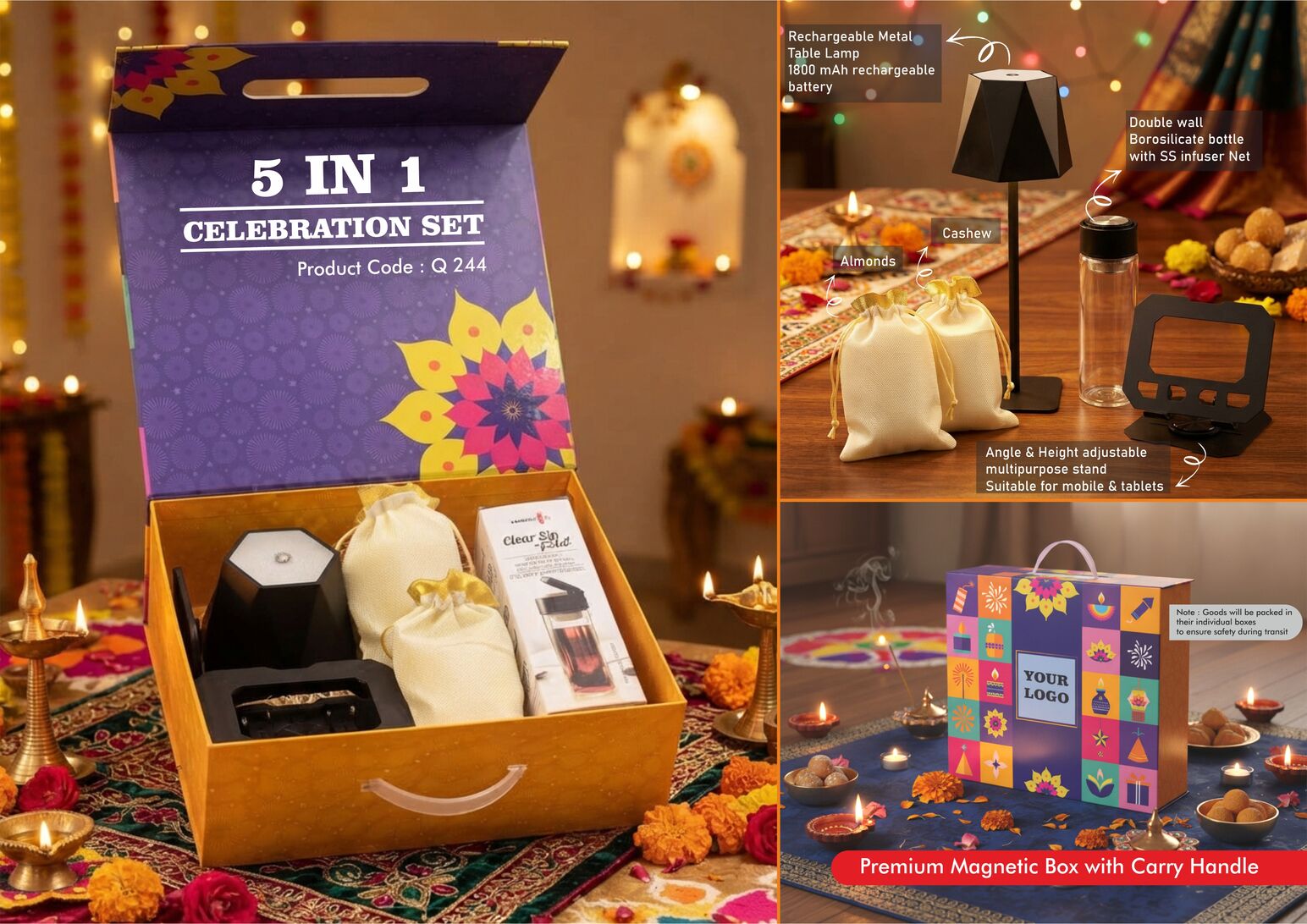 Celebrations Set of 5: DuneLume rechargeable lamp, premium borosilicate bottle, foldable multipurpose stand, almonds and cashews in magnetic gift box