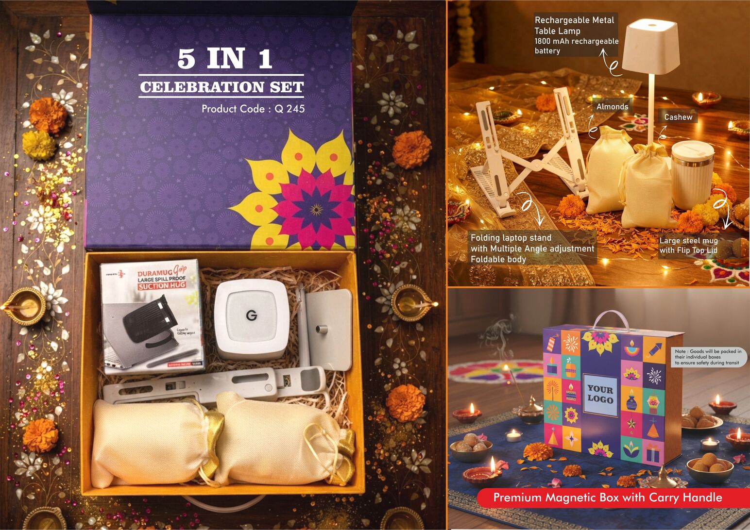 Celebrations Set of 5: Lumibloc rechargeable lamp, large stainless-steel mug, folding laptop stand, almonds and cashews in magnetic gift box