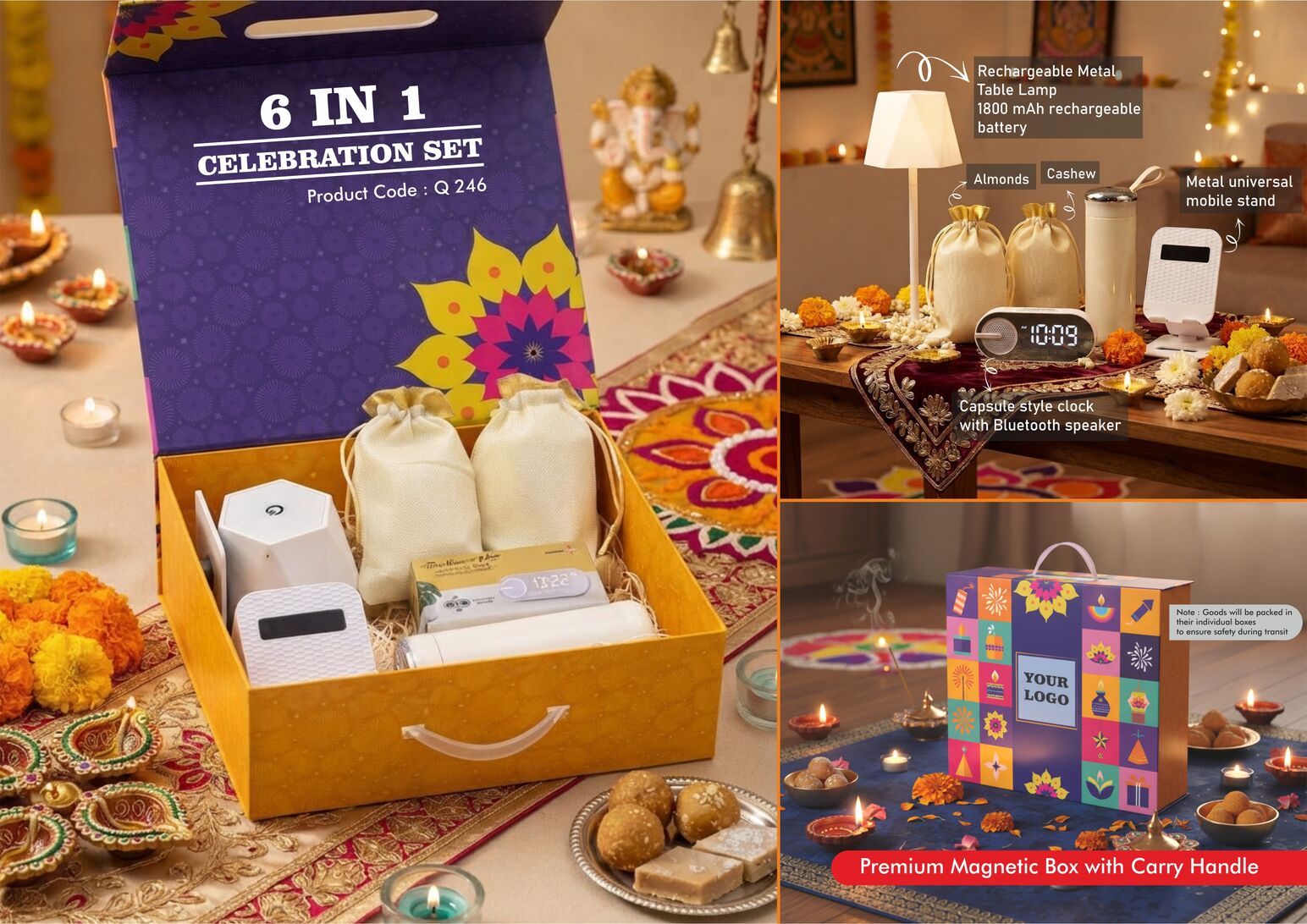 Celebrations Set of 6: DuneLume rechargeable lamp, glass bottle with chrome lid, Bluetooth clock speaker, foldable multipurpose stand, almonds and cashews in magnetic gift box