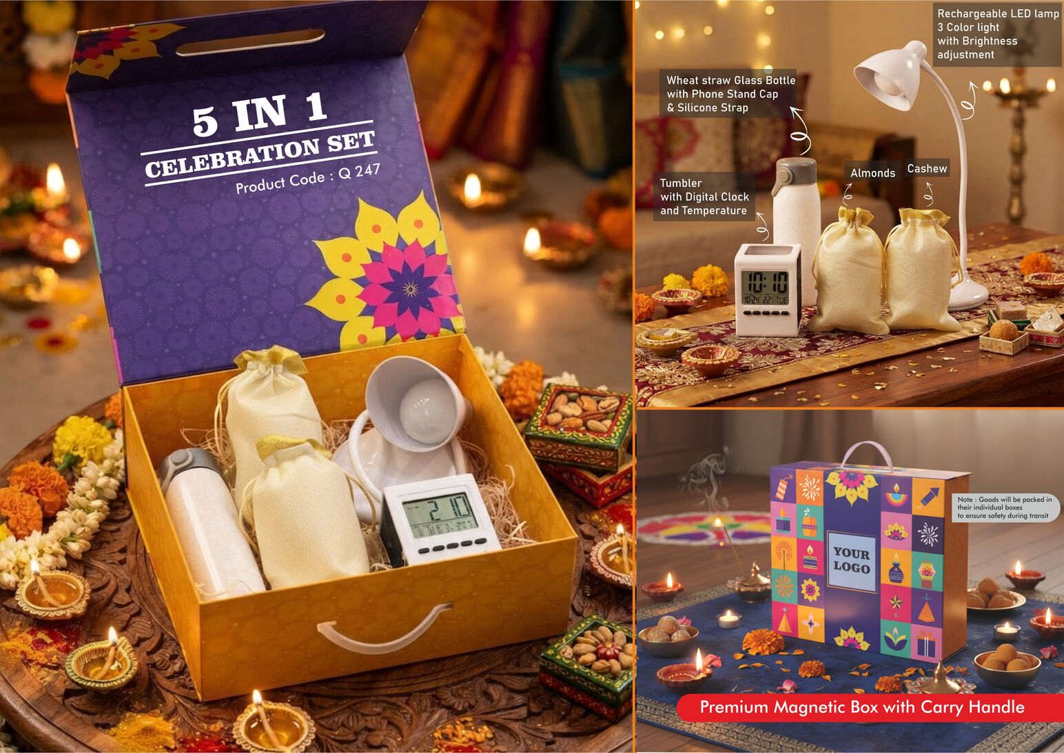 Celebrations Set of 5: Brighto LED lamp, glass bottle with phone stand, pen stand, almonds and cashews in magnetic gift box
