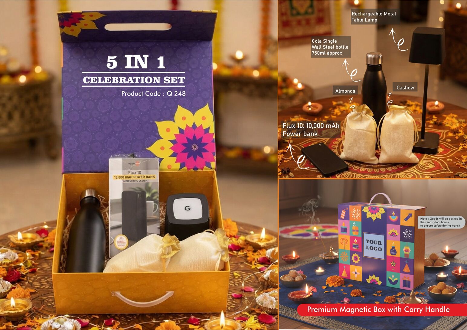Celebrations Set of 5: Lumibloc rechargeable lamp, 750 ml Cola stainless-steel bottle, 10,000 mAh power bank, almonds and cashews in magnetic gift box