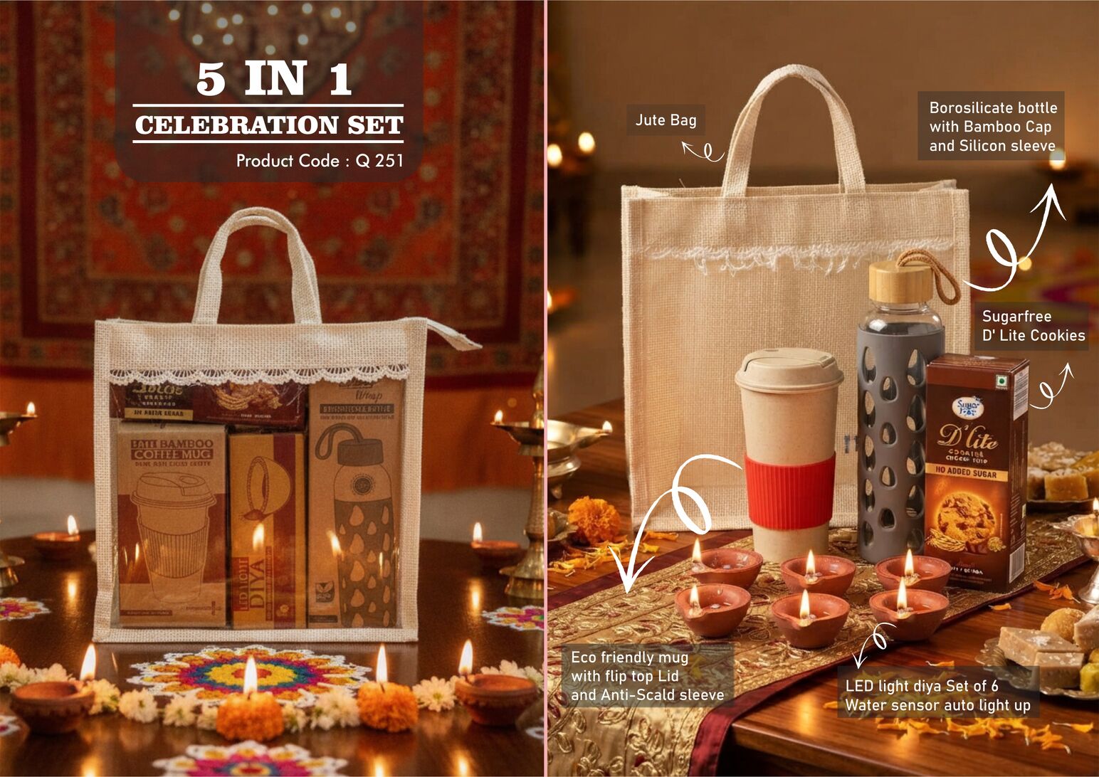 Celebrations Set of 4: tall bamboo-fibre mug, borosilicate glass bottle with silicone sleeve, sugar-free D’Lite cookies and LED diya set of 6 in jute gift bag