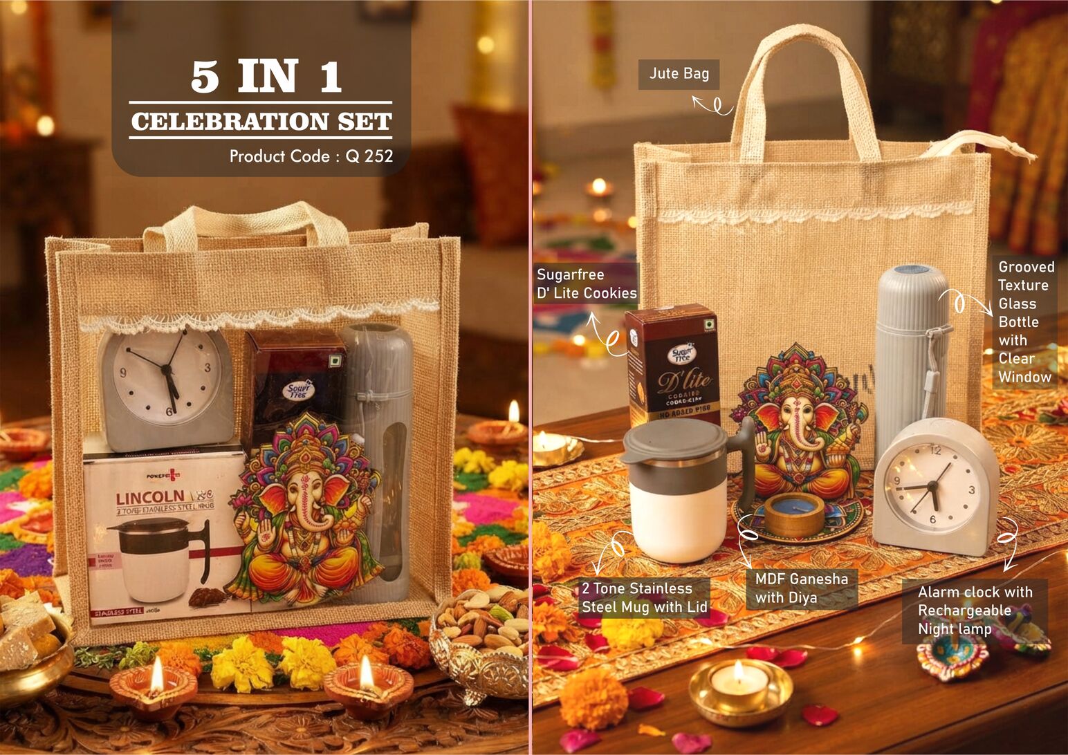 Celebrations Set of 5: premium stainless-steel mug, sugar-free D’Lite cookies, rechargeable backlight alarm clock, groove-texture glass bottle and MDF Ganesha with diya in jute gift bag