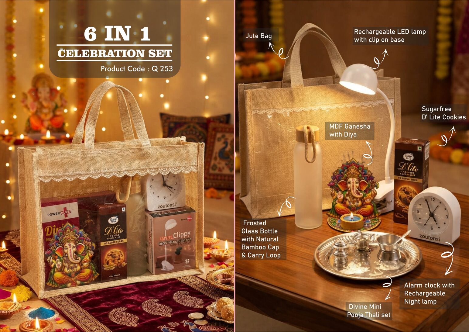 Celebrations Set of 6: frosted glass bottle with bamboo cap, rechargeable backlight alarm clock, mini pooja thali set, MDF Ganesha with diya and sugar-free D’Lite cookies