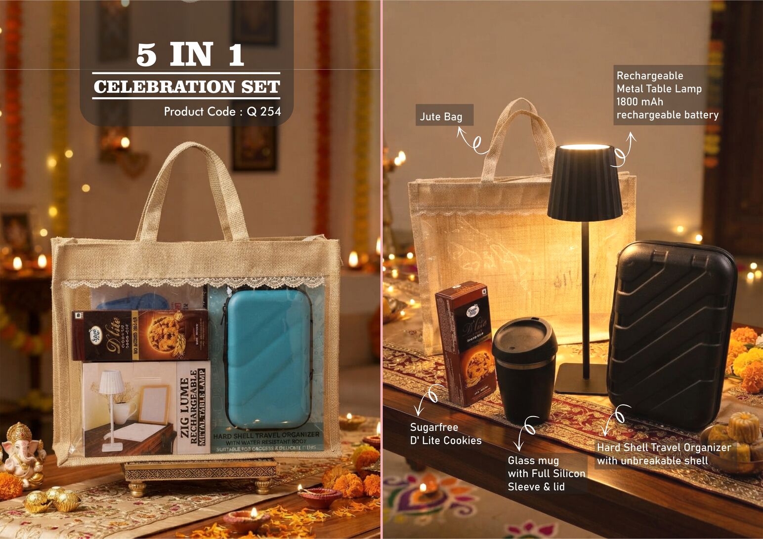 Celebrations Set of 5: LCD timer clock with lamp, glass mug with silicone cover, hard-shell travel organiser and sugar-free D’Lite cookies in jute gift bag