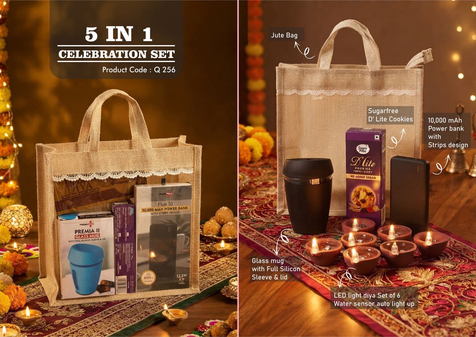 Celebrations Set of 4: ZigLume rechargeable lamp, 10,000 mAh power bank, sugar-free D’Lite cookies and LED diya set of 6 in jute gift bag