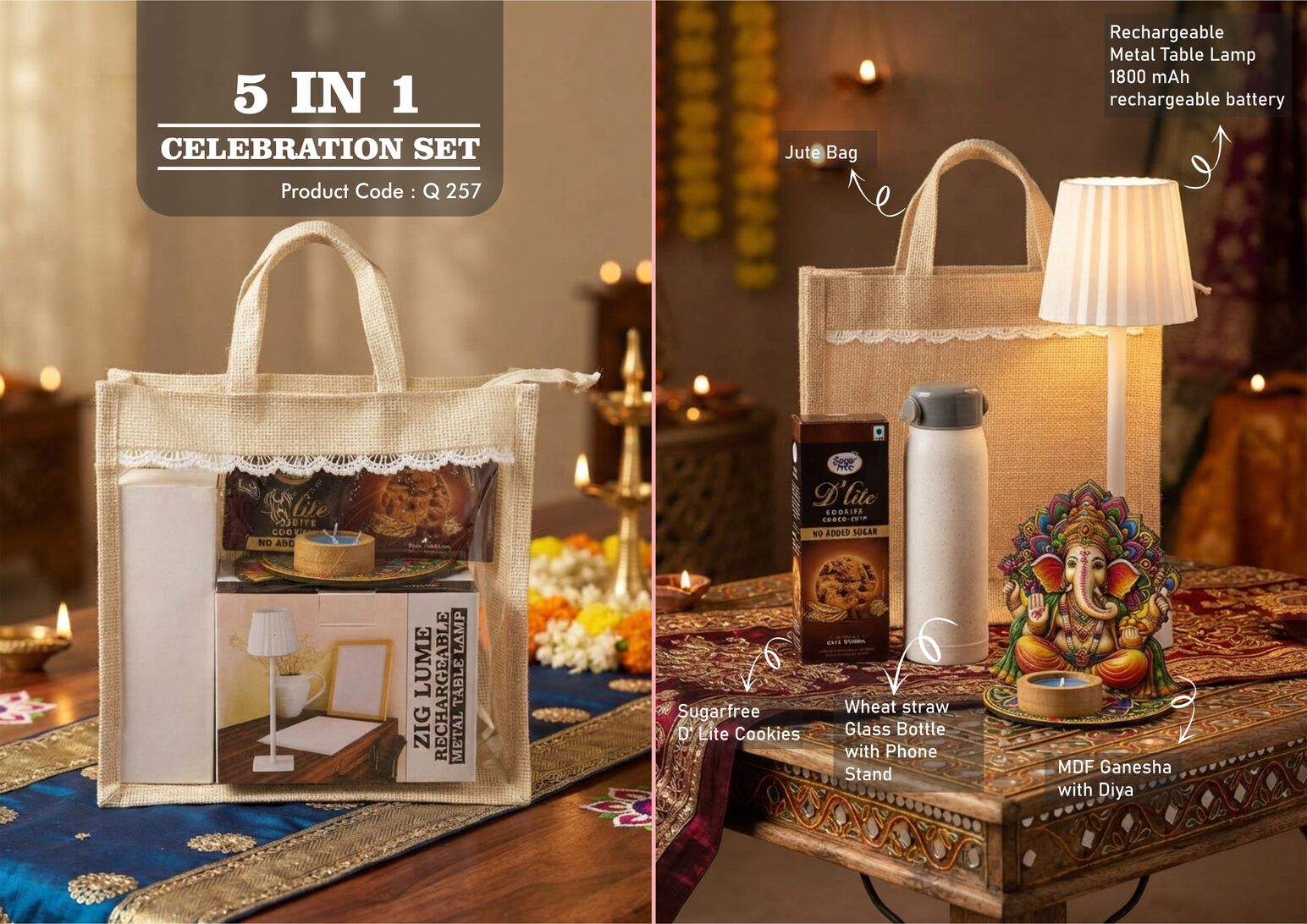 Celebrations Set of 4: groove-texture glass bottle, ZigLume rechargeable lamp, glass bottle with phone stand, MDF Ganesha with diya and sugar-free D’Lite cookies