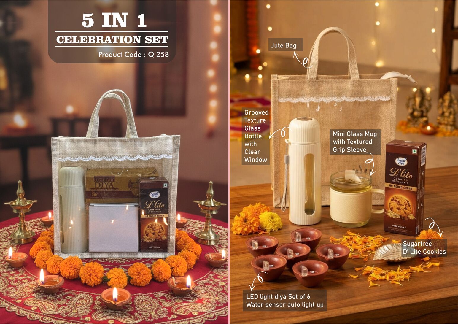 Celebrations Set of 4: groove-texture glass bottle, mini glass mug, LED diya set of 6 and sugar-free D’Lite cookies in jute gift bag
