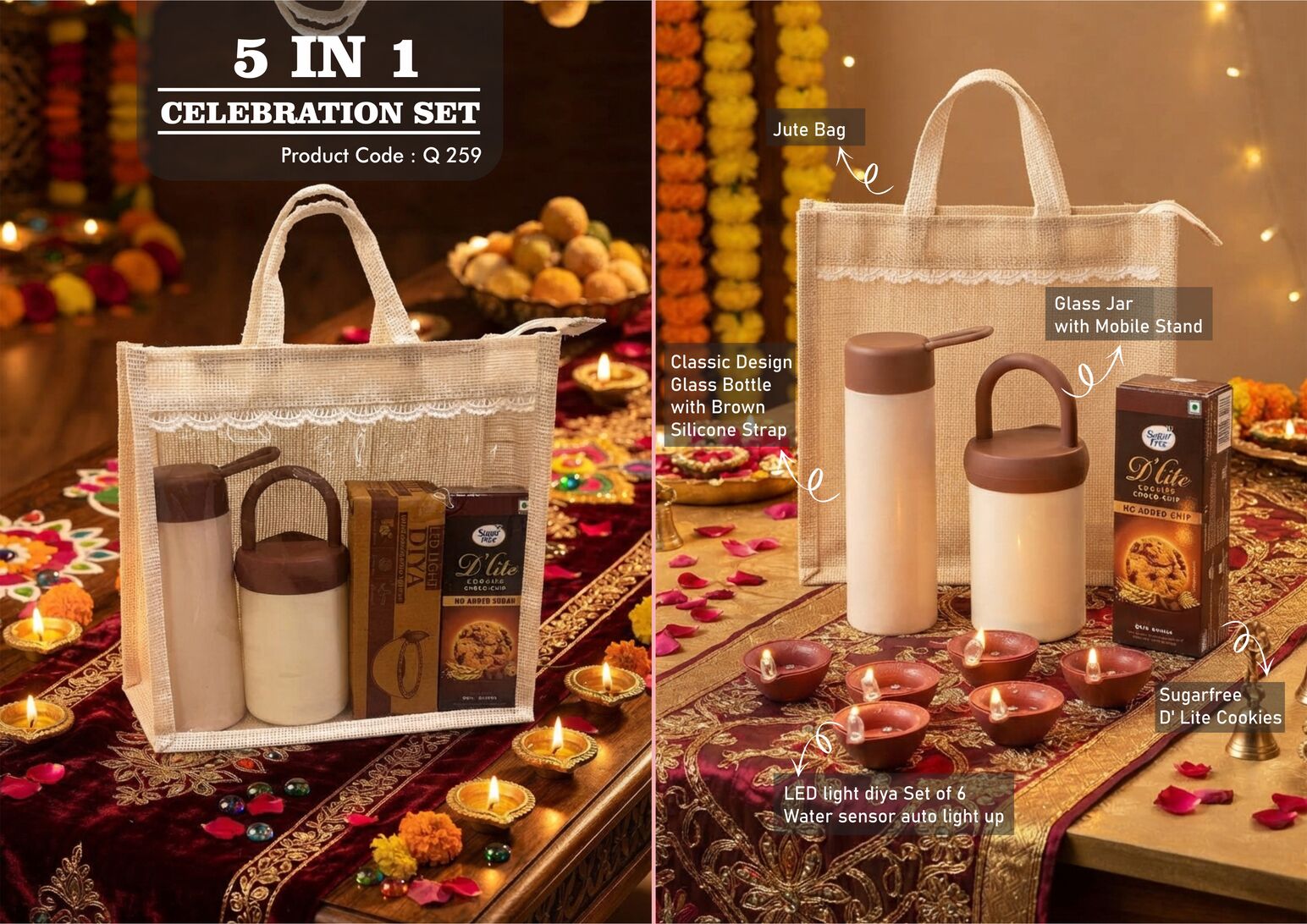 Celebrations Set of 4: glass bottle with silicone strap, glass jar with phone stand, LED diya set of 6 and sugar-free D’Lite cookies in jute gift bag
