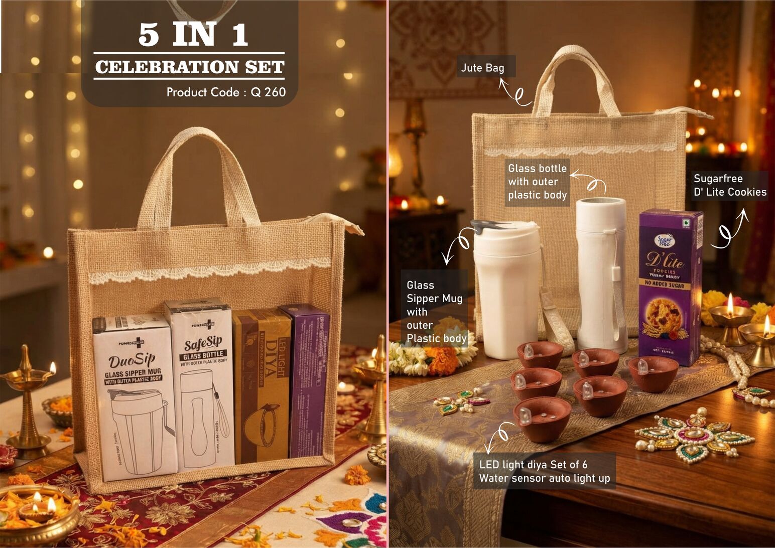 Celebrations Set of 4: TV-style clock with backlight, glass bottle with metal plate, LED diya set of 6 and sugar-free D’Lite cookies in jute gift bag