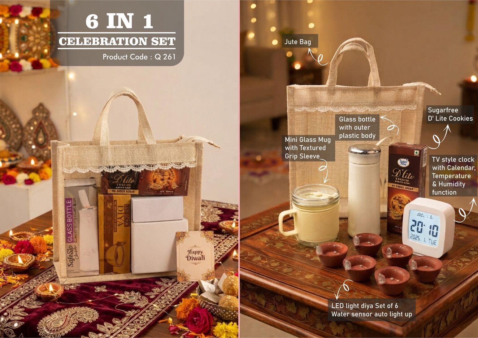 Celebrations Set of 4: RGB clock with Bluetooth speaker, glass bottle with chrome lid, mini glass mug and LED diya set of 6 in jute gift bag