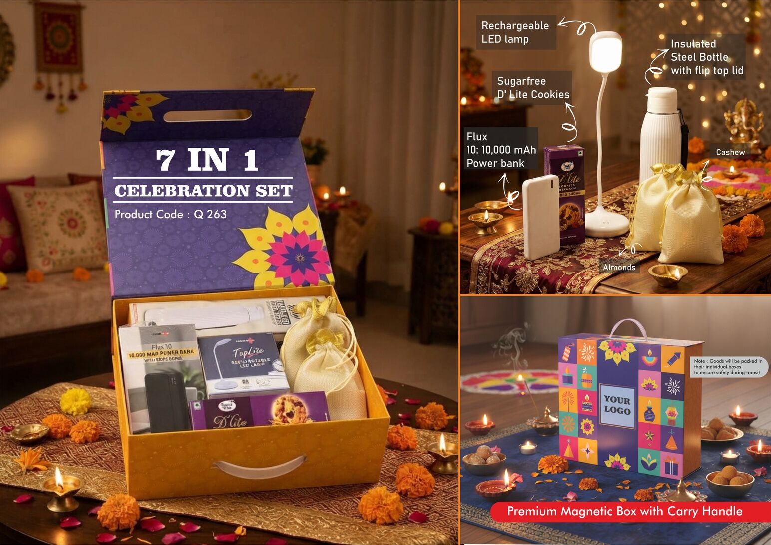 Jumbo Set of 5: Matrix Premium sling bag, rechargeable table lamp, 10,000 mAh power bank, almonds, cashews and sugar-free D’Lite cookies in jute gift bag