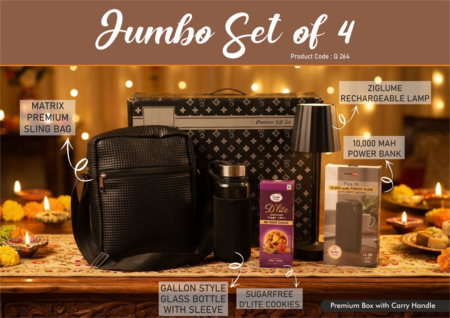 Jumbo Set of 4: premium travel bag, ZigLume rechargeable lamp, 10,000 mAh power bank, gallon-style glass bottle with sleeve and sugar-free D’Lite cookies