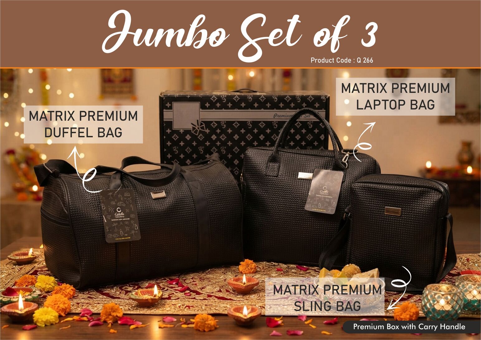 Jumbo Set of 3: Matrix Premium duffel bag, Matrix Premium laptop bag and Matrix Premium sling bag in black gift box