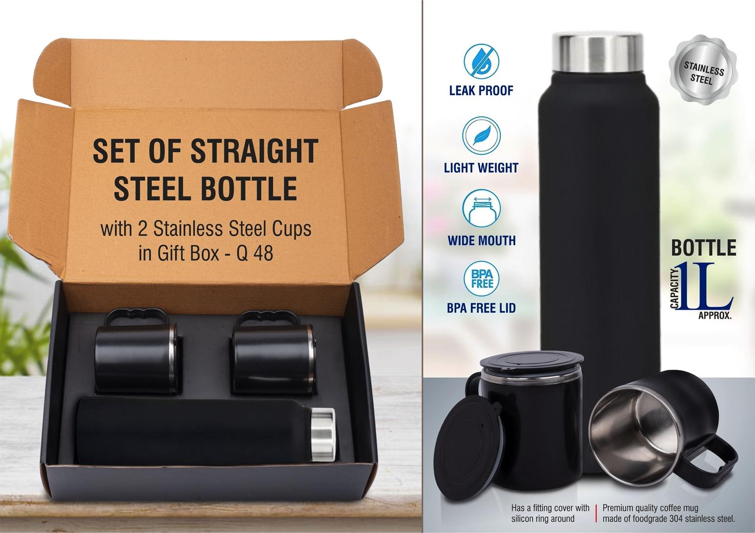 Set of Black Stainless Steel Bottle with 2 Stainless steel cups in
Gift box | Bottle capacity 1L approx