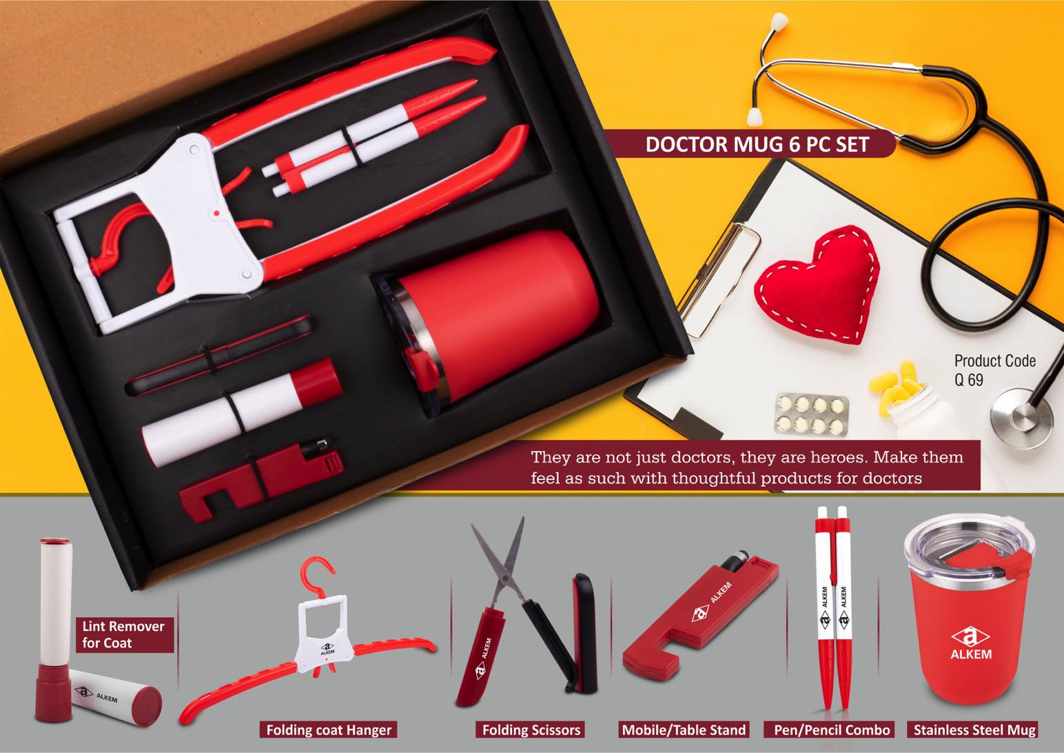 Doctor Mug set: Folding Coat hanger, Lint remover, Folding
scissors, Mobile/Tablet stand, Pen/Pencil combo, Stainless steel
mug | 6 pc set
