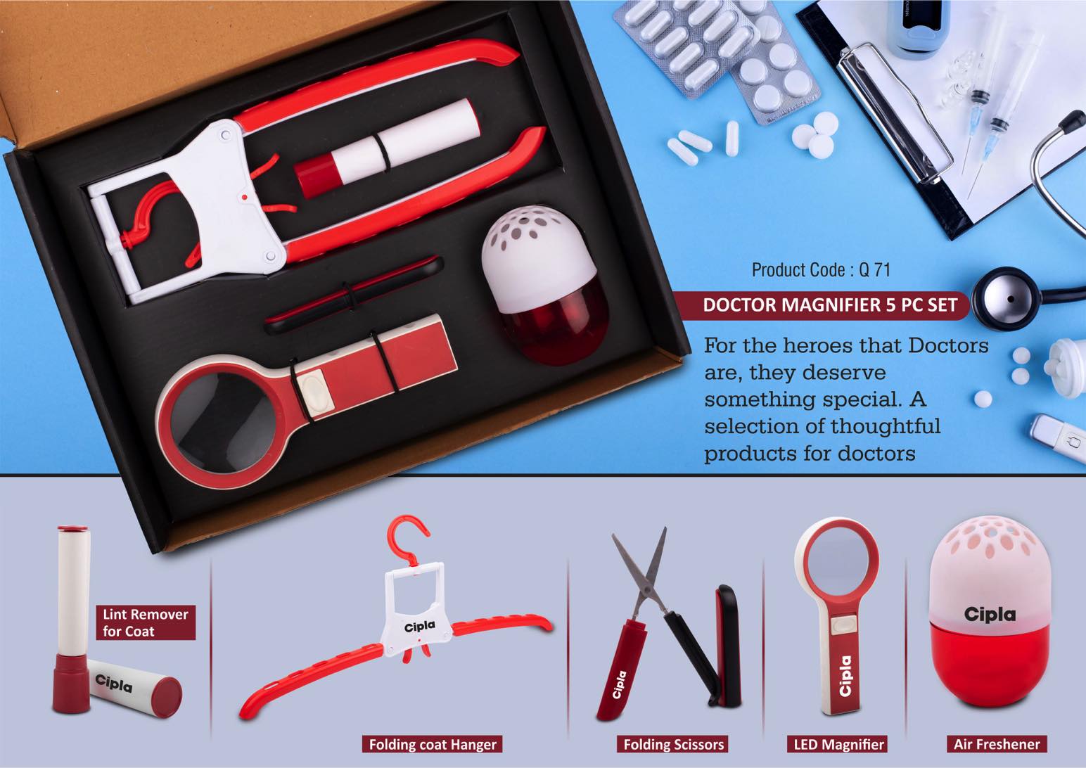 Doctor Magnifier set: Folding Coat hanger, Lint remover, Folding
scissors, LED Magnifier, Capsule shape Air freshener | 5 pc set