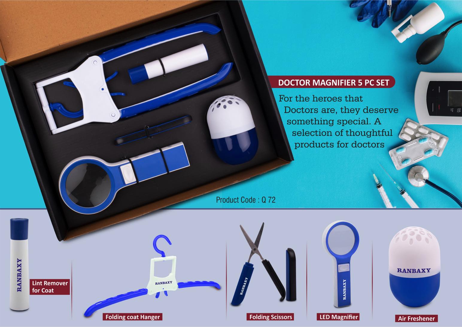 Doctor Magnifier set: Folding Coat hanger, Lint remover, Folding
scissors, LED Magnifier, Capsule shape Air freshener | 5 pc set