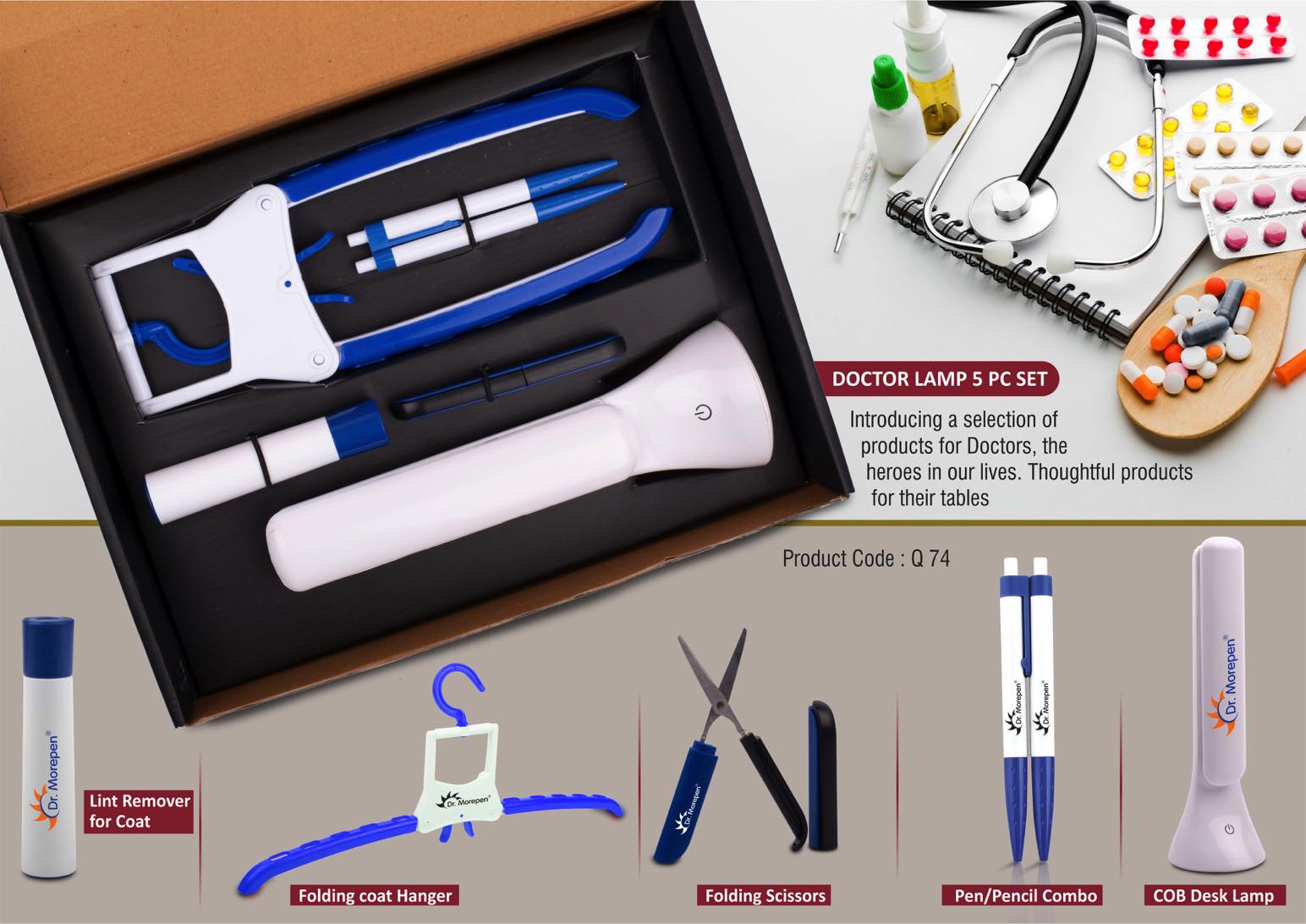 Doctor Lamp set: Folding Coat hanger, Lint remover, Folding
scissors, Pen/Pencil combo, COB Desk lamp | 5 pc set
