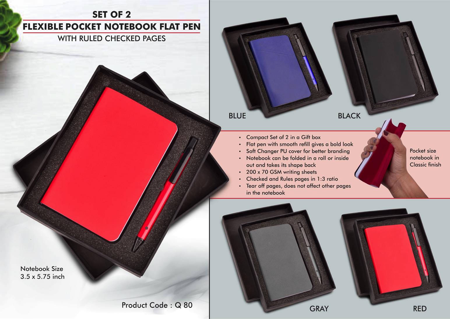 Set of 2: Flexible Pocket A6 Notebook with Ruled & Checked
pages with Flat Pen