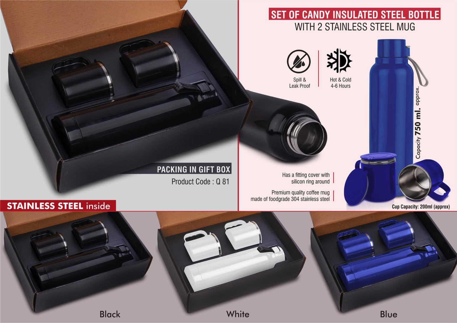 Set of Candy Insulated Steel Bottle with 2 Stainless Steel cups in
Gift box | Keeps hot/cold up to 6 hours | Exclusive blister packing