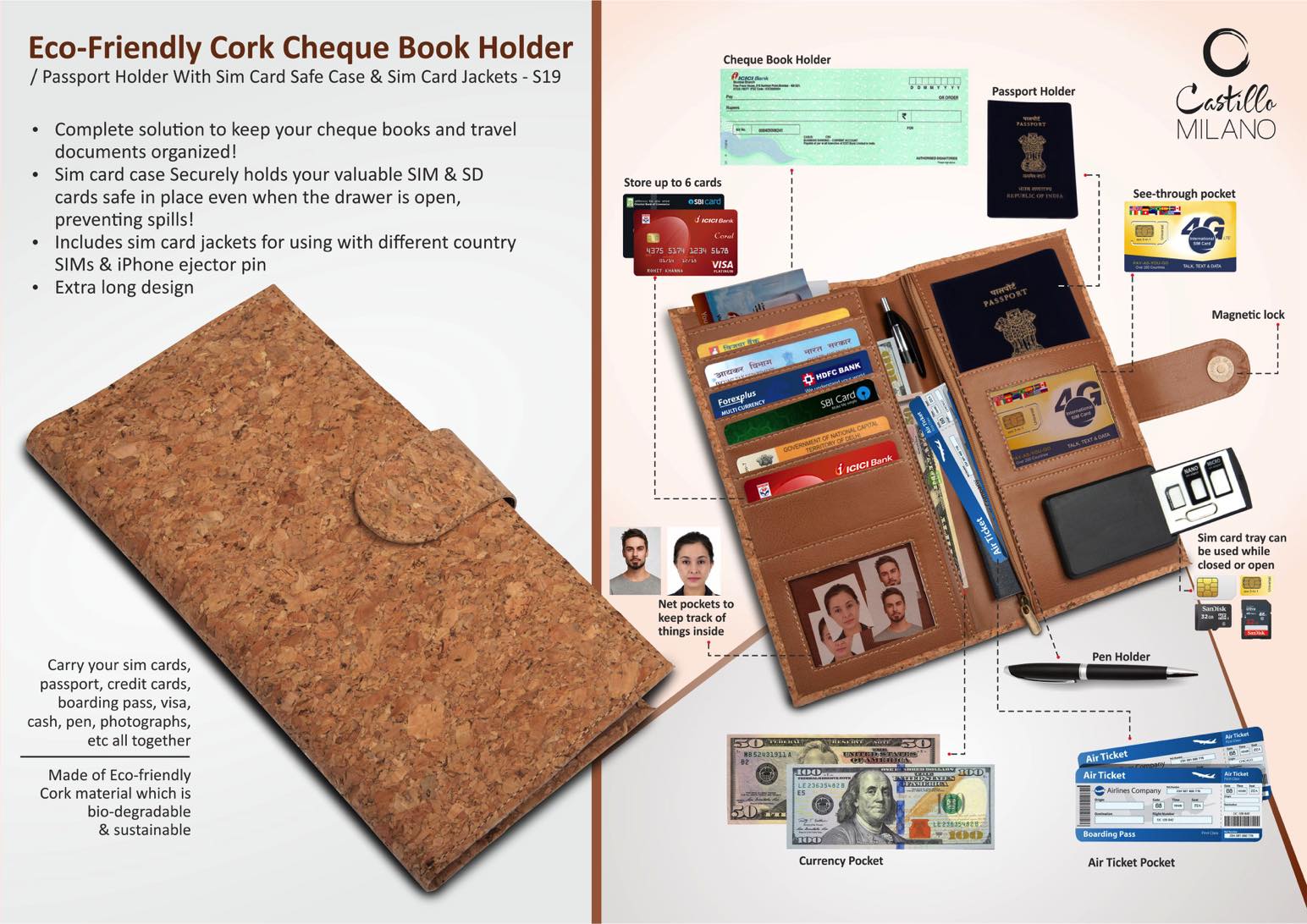 Eco-Friendly Cork Cheque Book Holder / Passport Holder With
Sim Card Safe Case & Sim Card Jackets