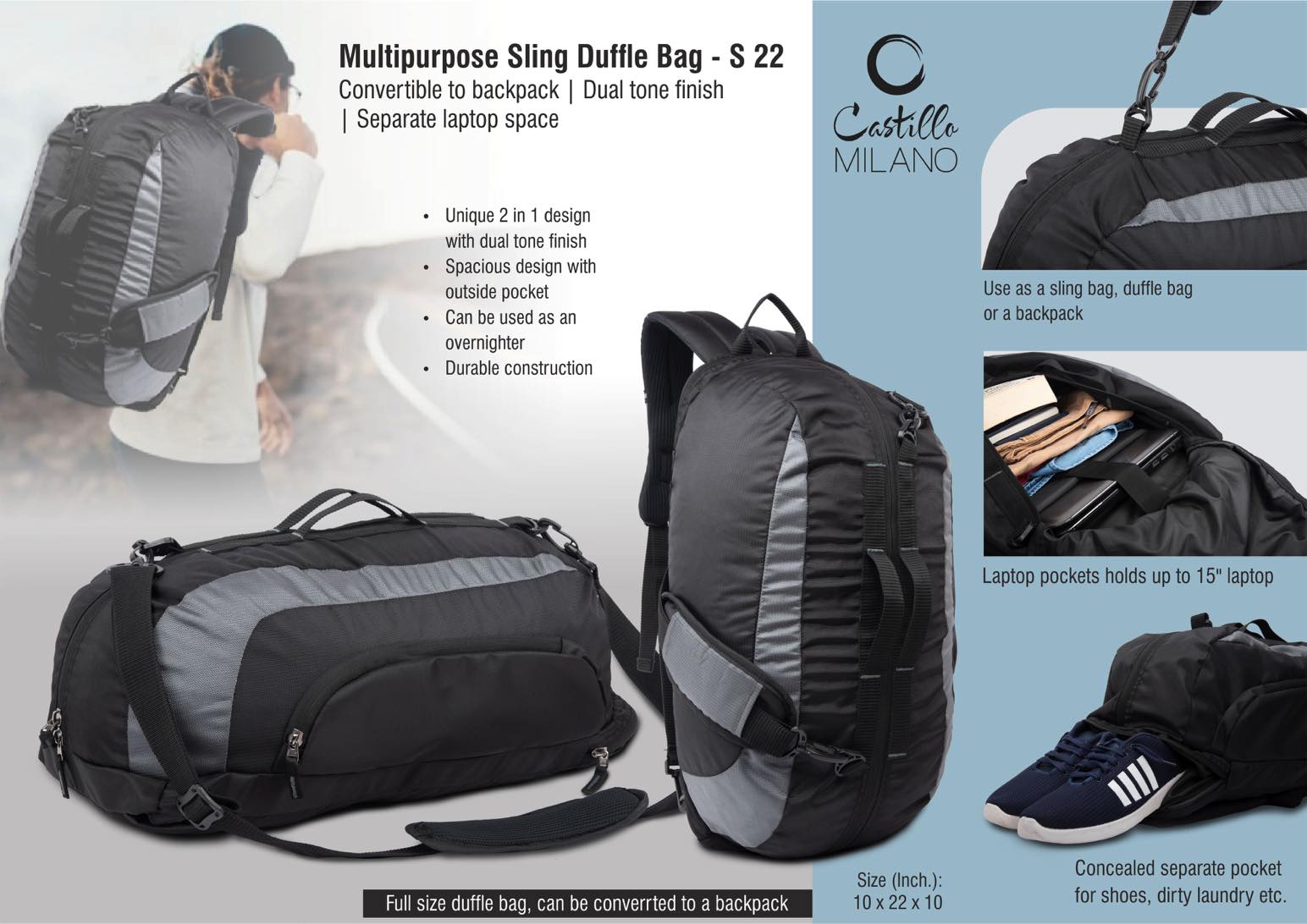 Multipurpose Sling Duffle Bag | Convertible to backpack | Dual
tone finish | Separate laptop space