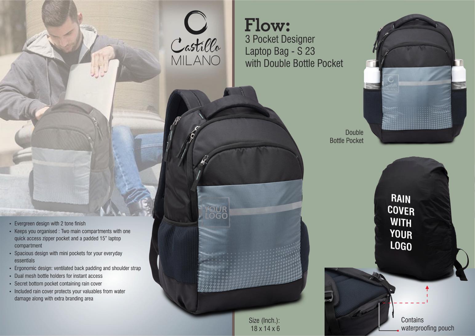 Flow: 3 pocket Designer laptop bag with double bottle pocket
and rain cover
