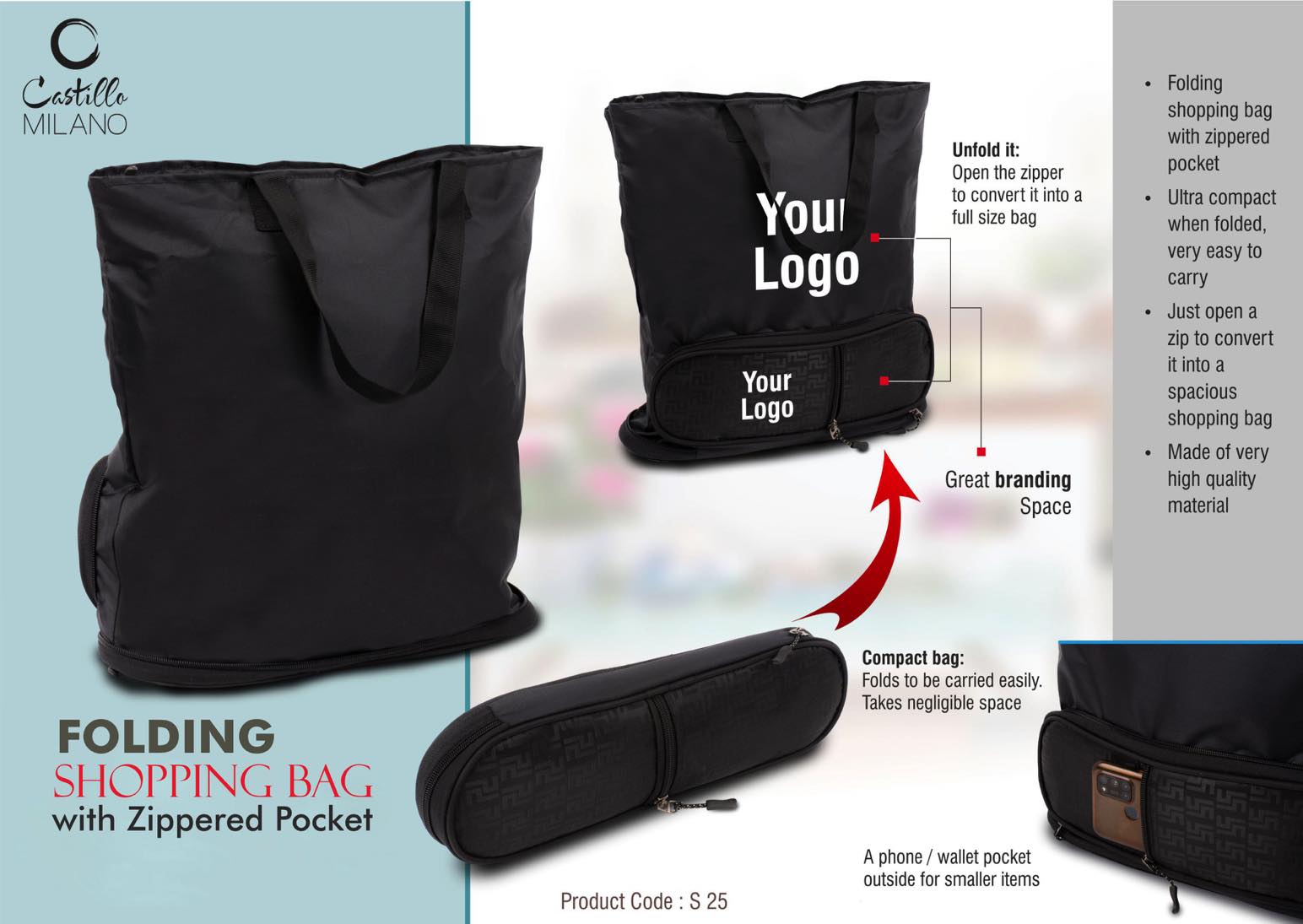 Folding shopping bag with Zippered pocket | Phone, wallet
pocket outside