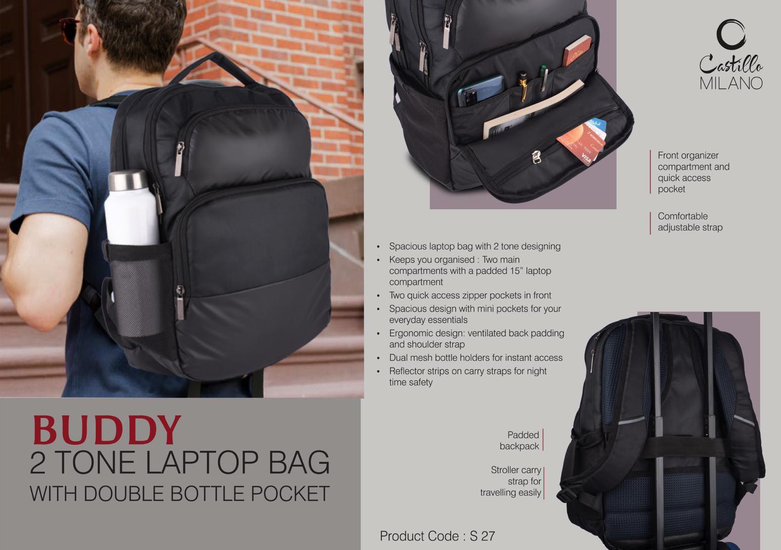 Buddy: 2 tone Laptop bag with double bottle pocket | Front
organizer compartment and quick access pocket | Padded
backpack