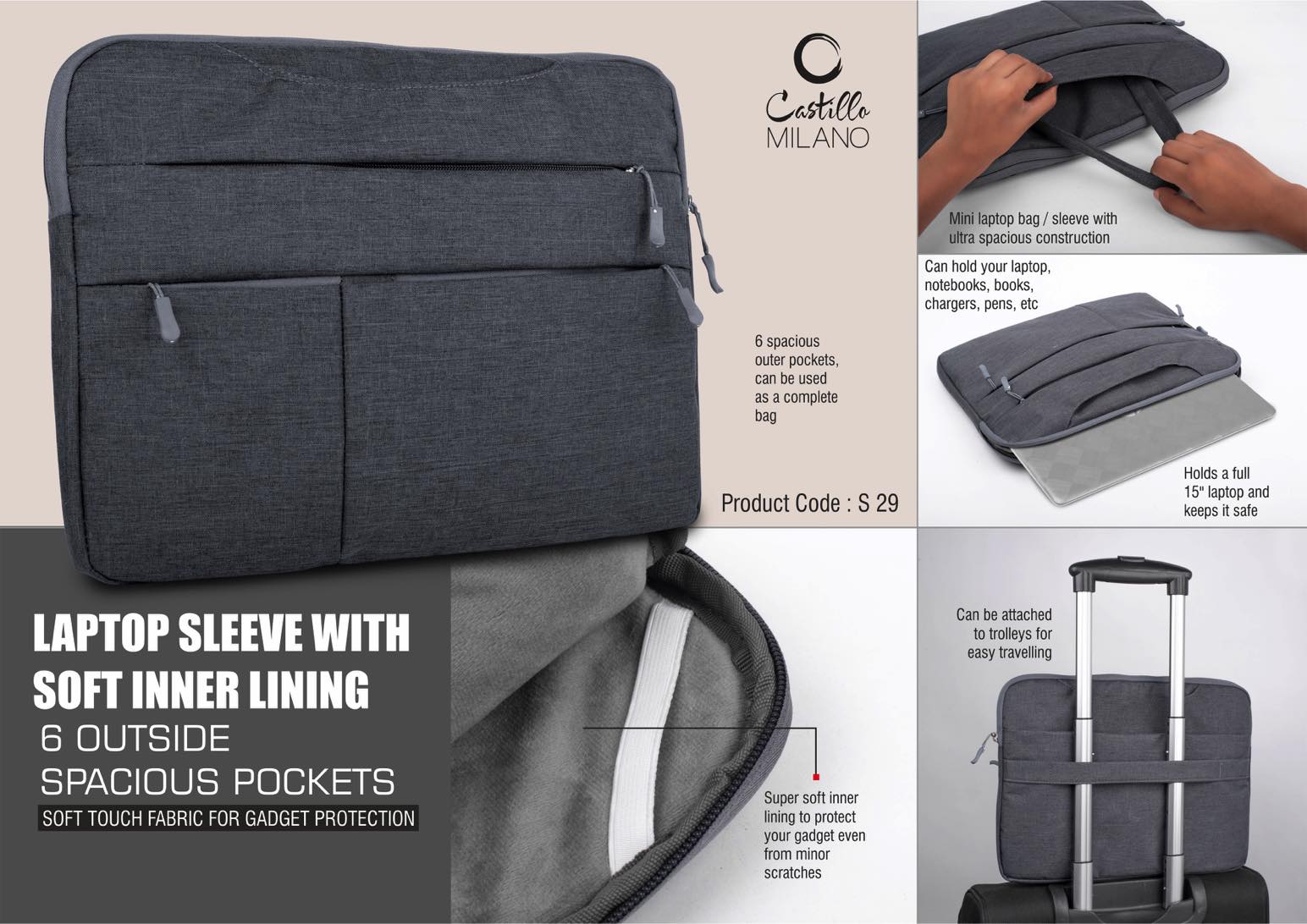 Laptop Sleeve with Soft inner lining | 6 outside spacious pockets
| Soft touch fabric for gadget protection -
https://youtu.be/jQ4YxH16hzA