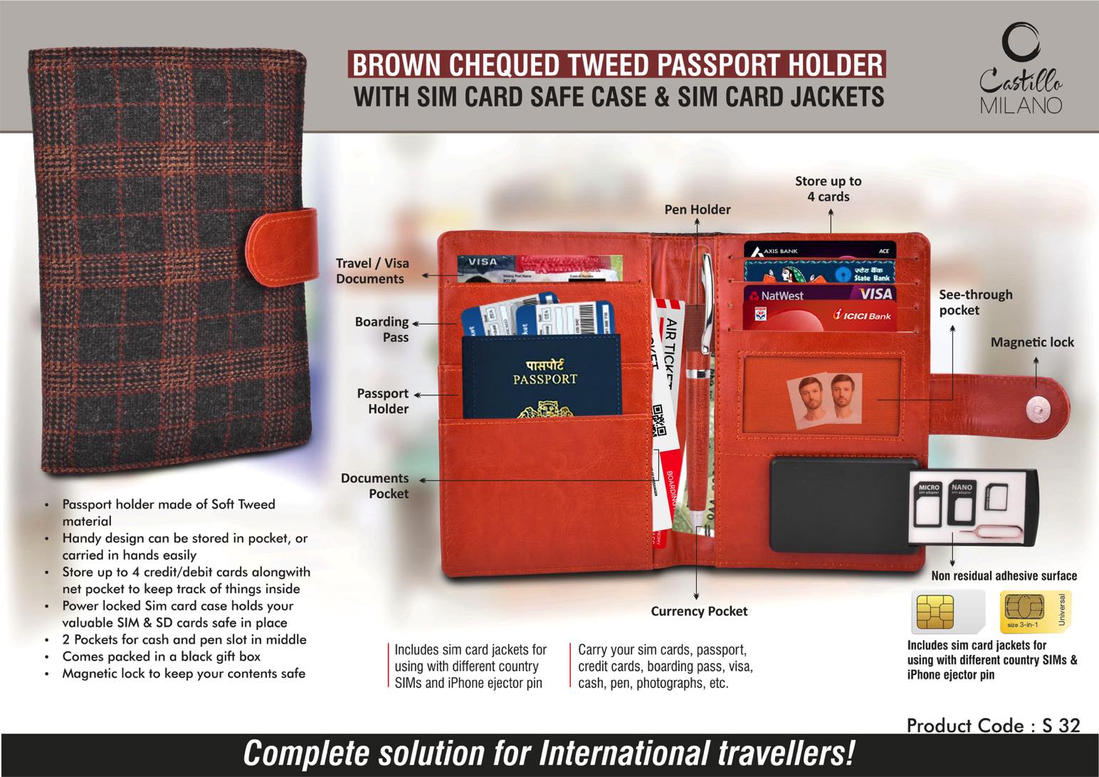 Brown Chequed Tweed Passport holder with Sim Card Safe
Case & Sim Card Jackets