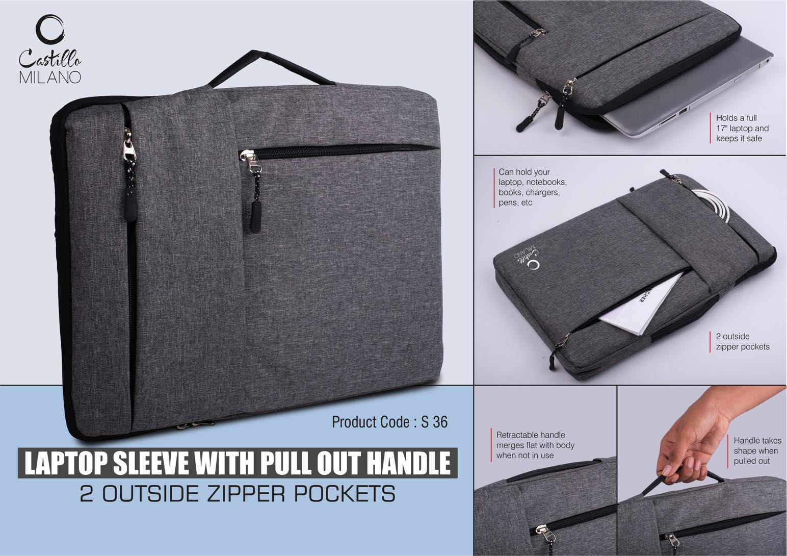 Laptop Sleeve with pull out handle | 2 outside zipper pockets