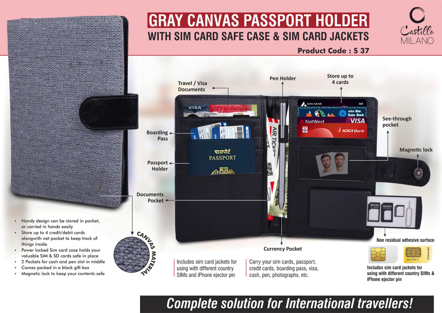 Gray Canvas Passport holder with Sim Card Safe Case & Sim
Card Jackets