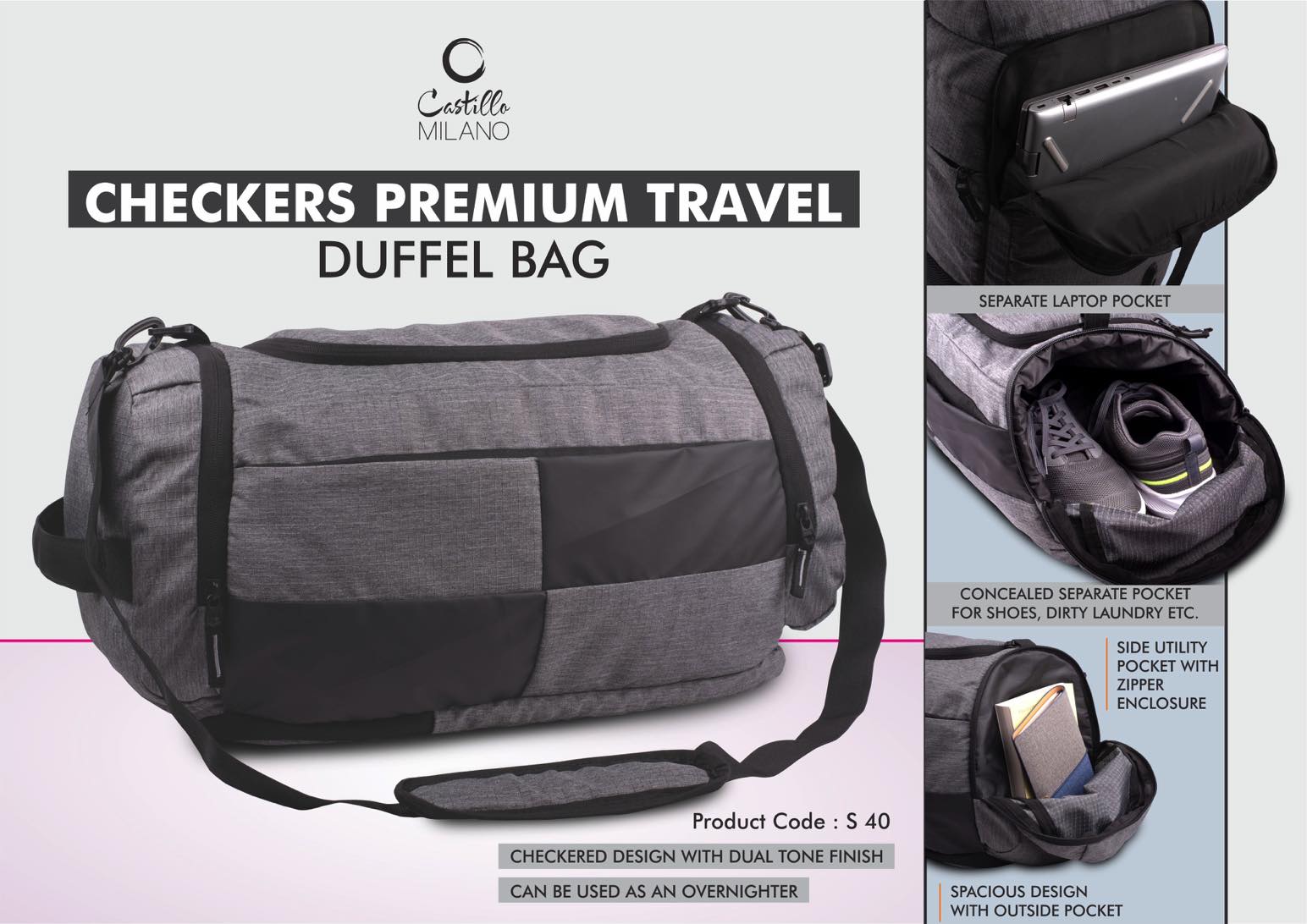 Checkers Premium Travel Duffel bag | Separate Laptop
Compartment | Shoe & Utility Pockets on sides
