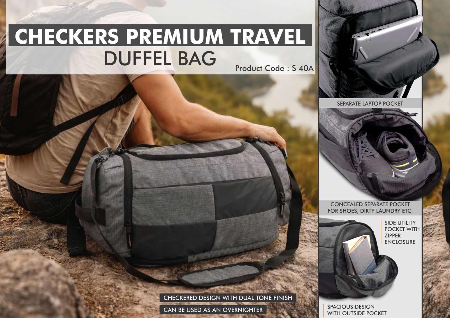 Checkers Premium Travel Duffel bag | Separate Laptop
Compartment | Shoe & Utility Pockets on sides