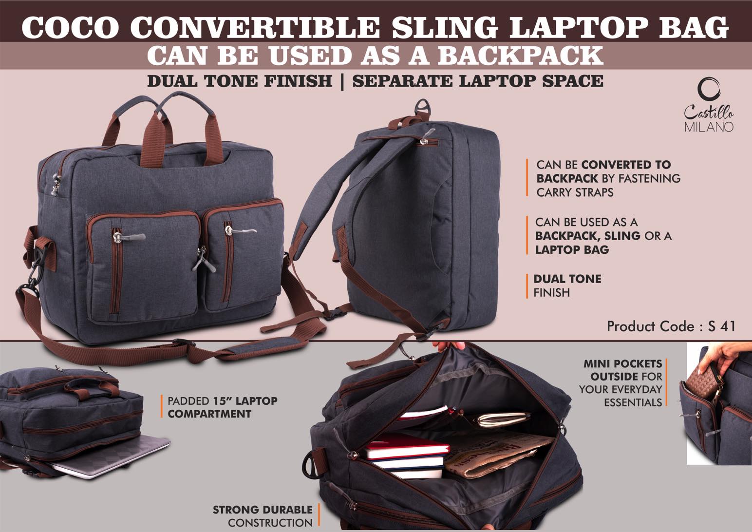 Coco Convertible Sling Laptop Bag | Can be used as a backpack
| Dual tone finish | Separate laptop space
