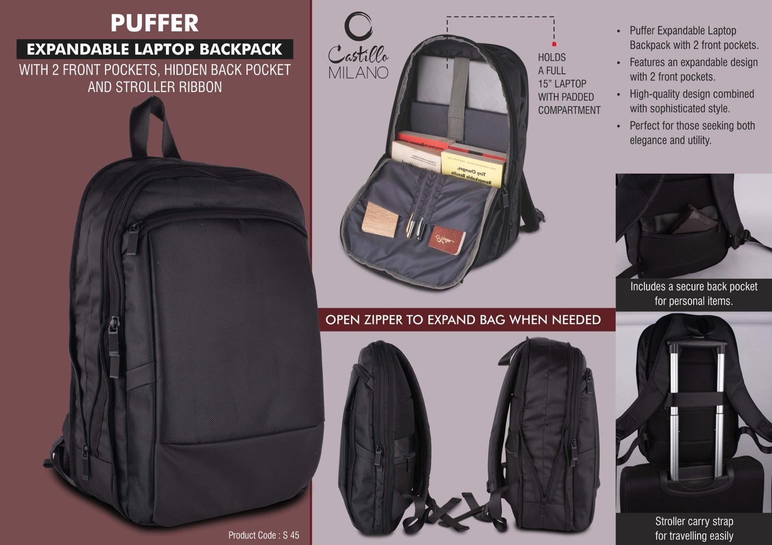Puffer: Expandable laptop backpack bag with 2 front pockets,
hidden back pocket and Stroller ribbon