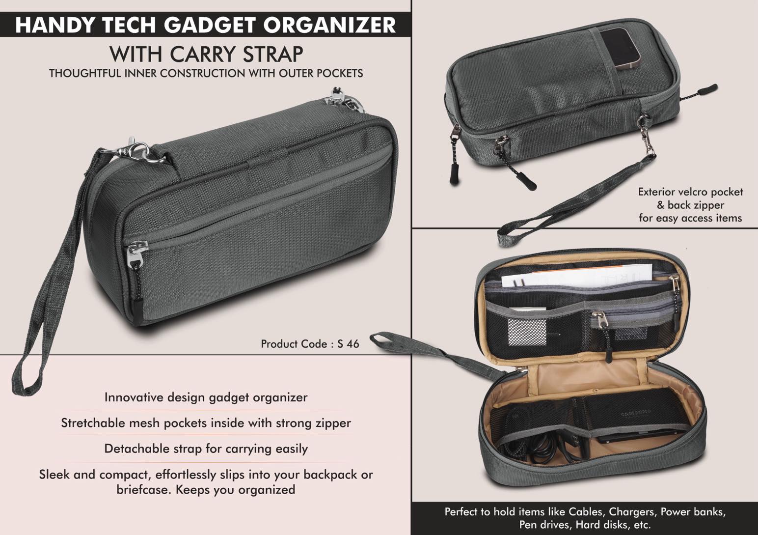 Handy Tech Gadget organizer with Carry Strap | Thoughtful
inner construction with outer pockets