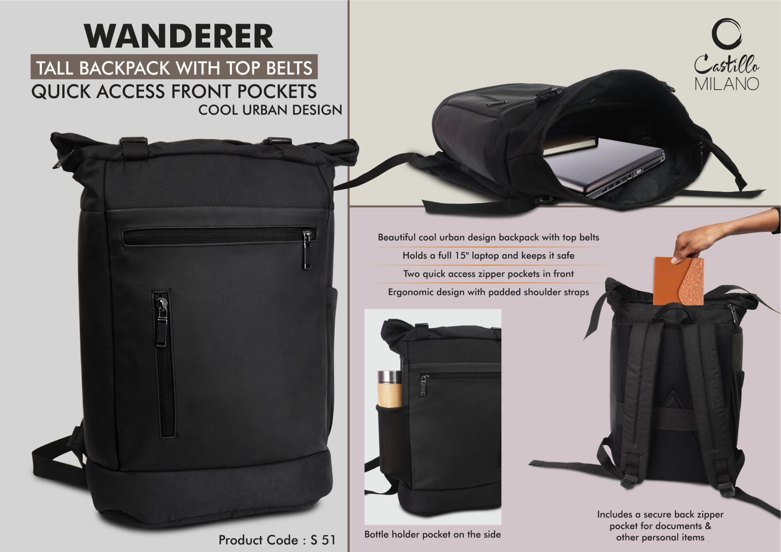 Wanderer: Tall backpack bag with Top belts | Quick access front
pockets | Cool urban design