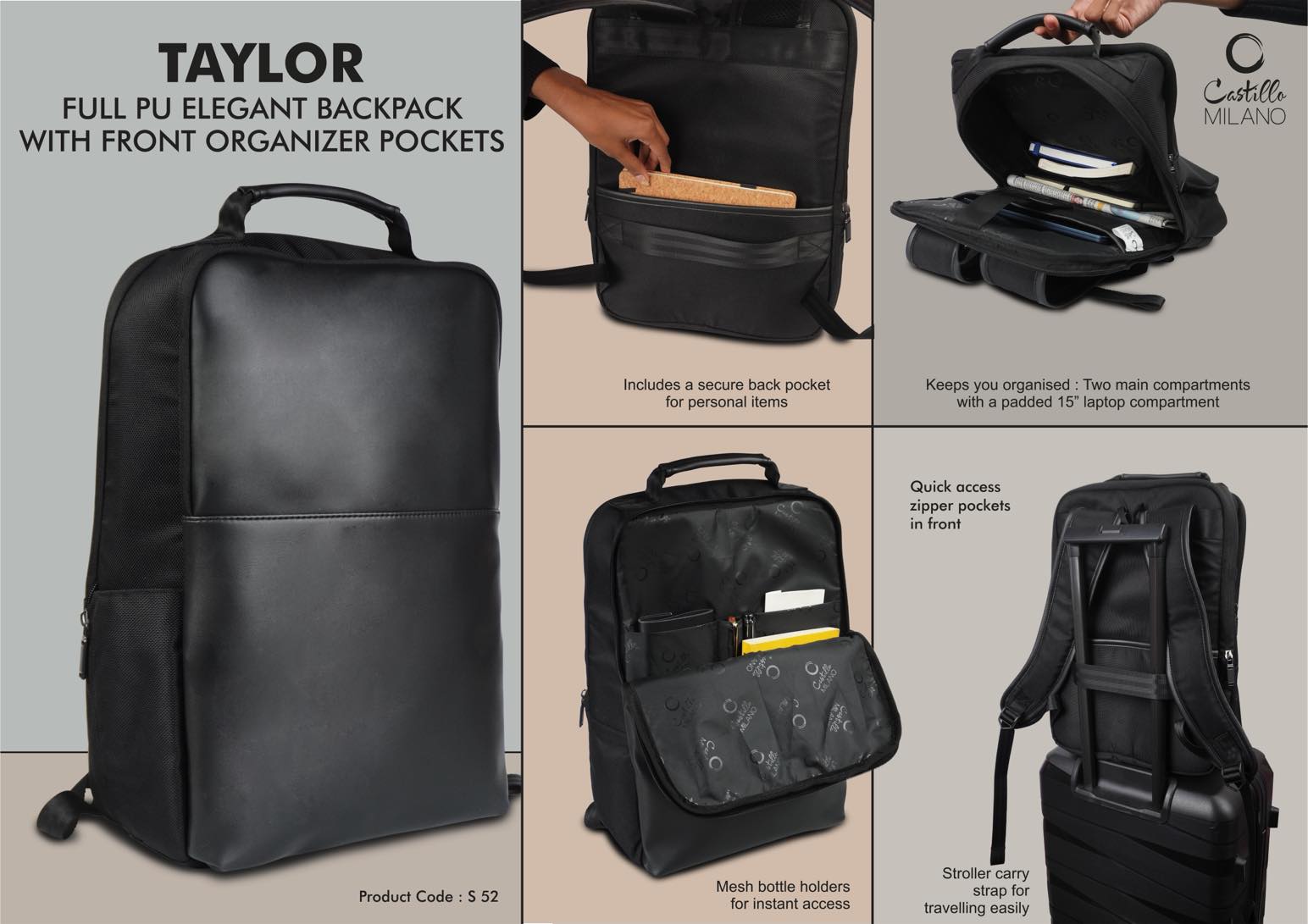 Taylor: Full PU Elegant backpack bag with Front organizer and
Hidden back pocket