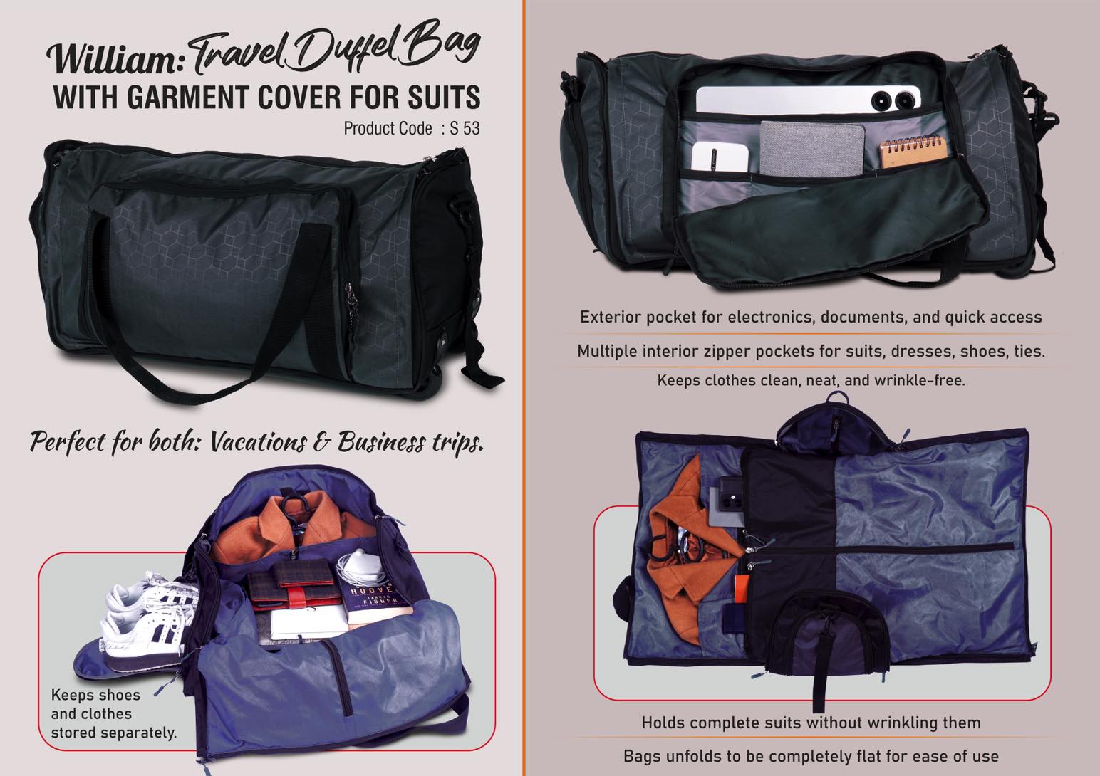William: Travel Duffel Bag with Garment cover for Suits | Fully
openable design | Separate Shoe compartment