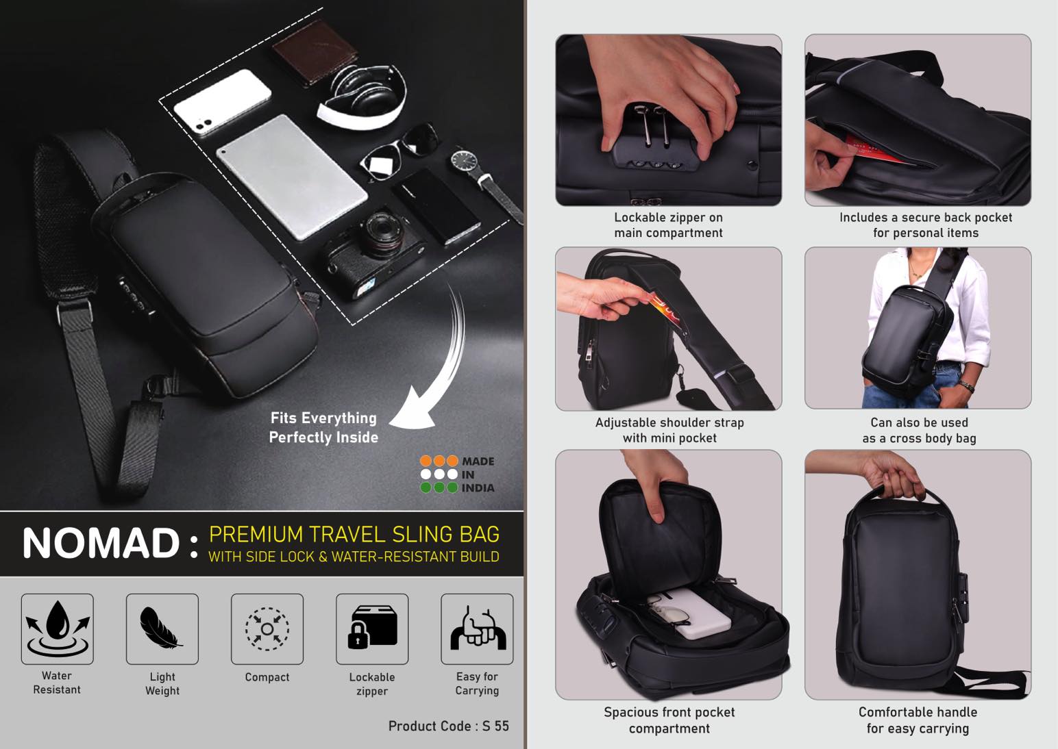 Nomad: Premium travel sling bag with Side lock | Water-
Resistant build with 4 pockets | Perfect for travel