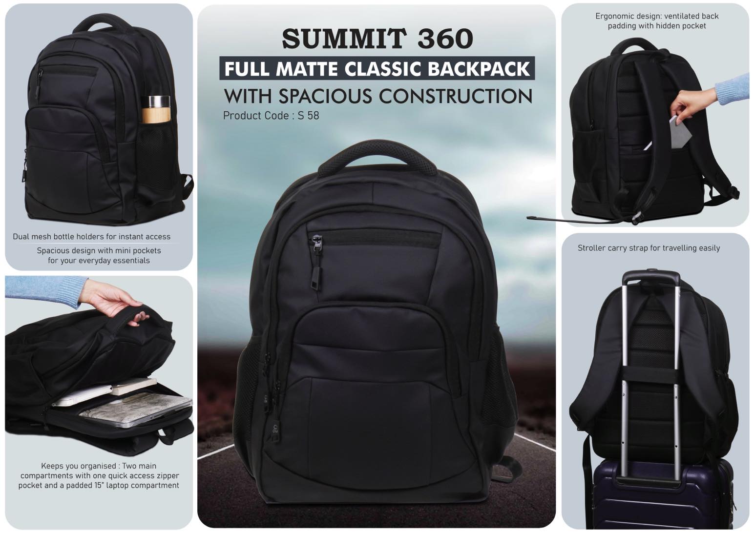 Summit 360: Full matte Classic backpack with spacious
construction | Water resistant fabric