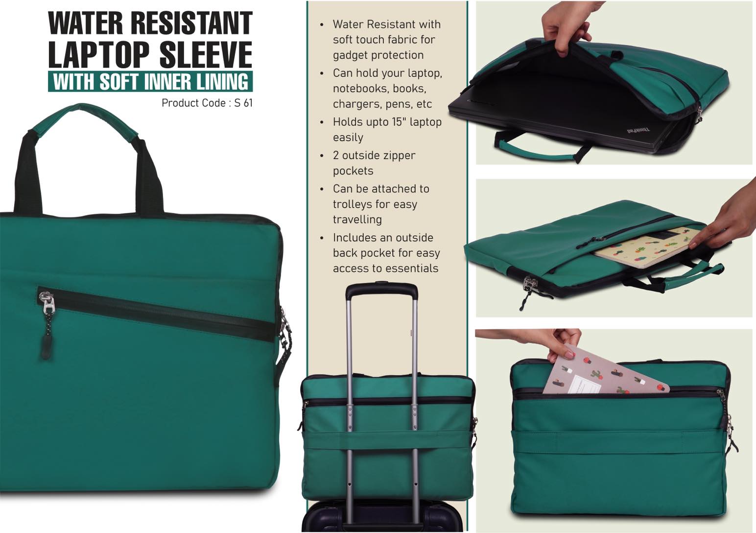 Teal: Water Resistant Laptop Sleeve with Soft inner lining | 3
outside spacious pockets | Soft touch fabric for gadget protection