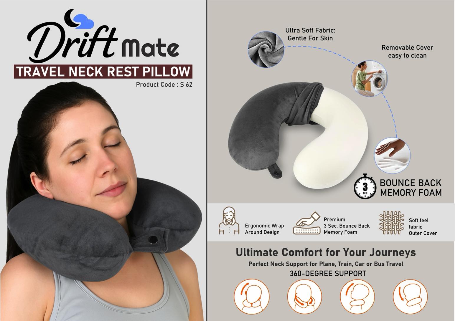 DriftMate: Travel Neck Rest Pillow - U Shaped with Soft fabric | 3
second bounce back memory foam