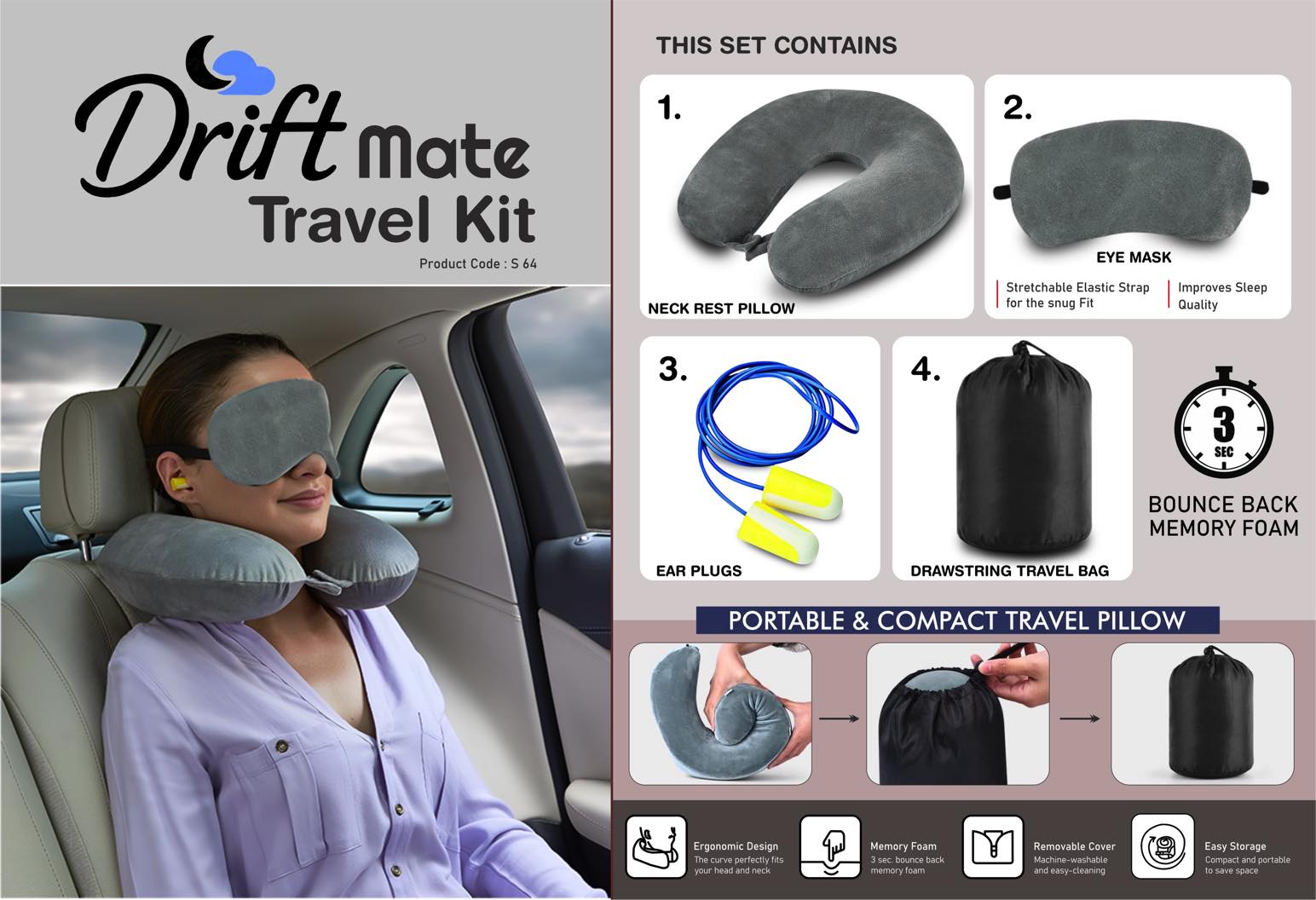 DriftMate Travel Kit: Combo of Memory foam Neck Rest Pillow,
eye mask & ear plugs | With Drawstring Travel Bag