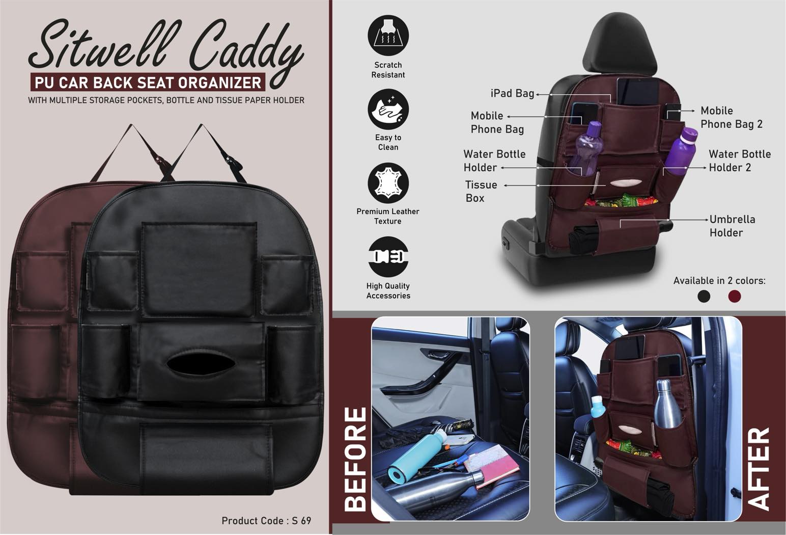 SitWell Caddy: PU Car Back Seat Organizer with Multiple
Storage Pockets, Bottle And Tissue Paper Holder
